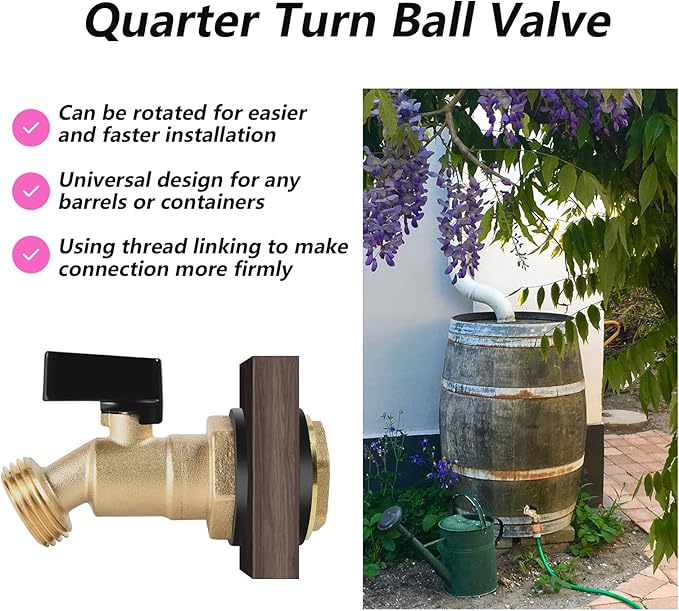 Brass Water Container 3/4" Threaded Rain Barrel Spigot Leak-Proof Rain Barrel Faucets Turn Ball Valve with Bulkhead Fitting and Washers for Garden Hose Thread Connection (Type A)
