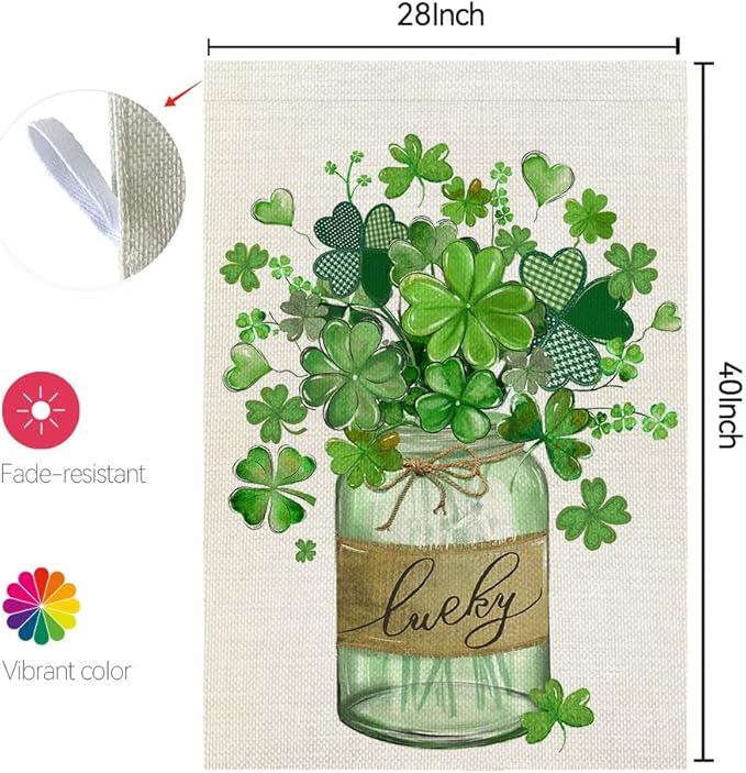 CROWNED BEAUTY St Patricks Day House Flag 28x40 Inch Double Sided for Outside Big Burlap Green Shamrocks Clovers Mason Jar Lucky Welcome Yard Holiday Flag CF727-40
