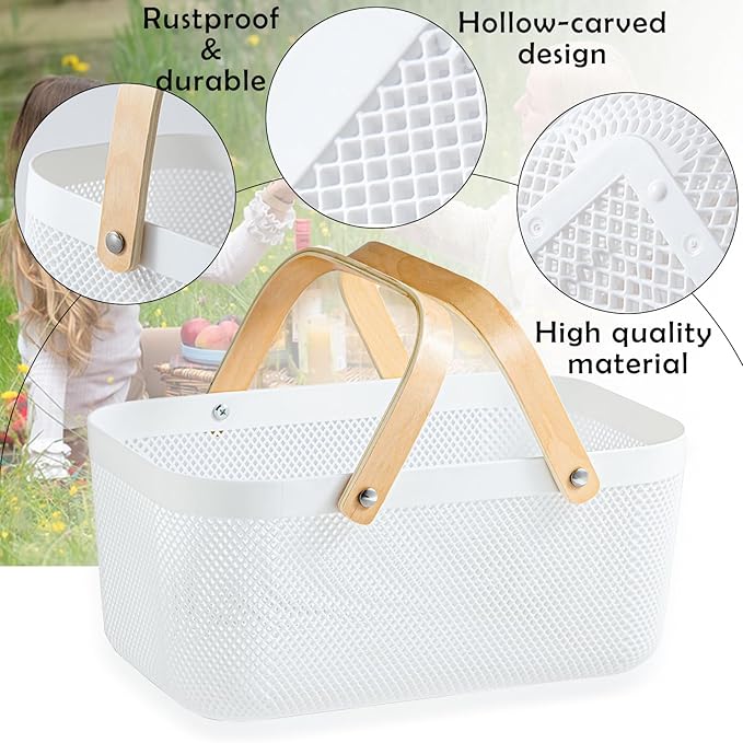 2 Pack Plastic Mesh Garden Harvest Basket, Plastic Picnic Baskets with Foldable Wooden Handle, Rectangle Fruit Vegetable Storage Organizer Bins for Gathering, Kitchen, Pantry, White