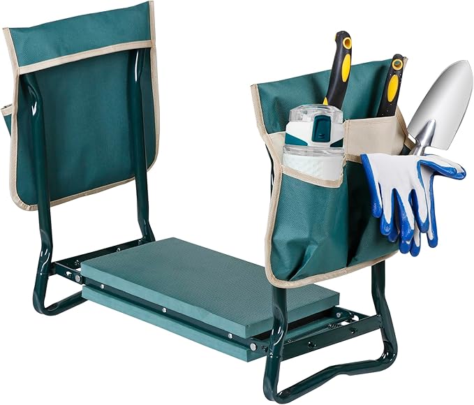 Nouva 2 in 1 Folding Garden Kneeler Seat, Outdoor Garden Bench Garden Stool w/EVA Foam Kneeling Pad Removable Tools Pouch Steel Frame for Planting, Weeding