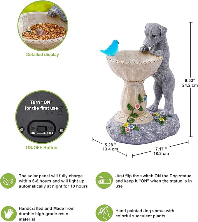 Nacome Solar Dog Statue for Garden Decor: IP44 Weatherproof Resin with Automatic Lighting - No Installation- Outdoor Yard Patio Balcony Art - Birthday Gifts for Bird Lovers Mom Grandma Women