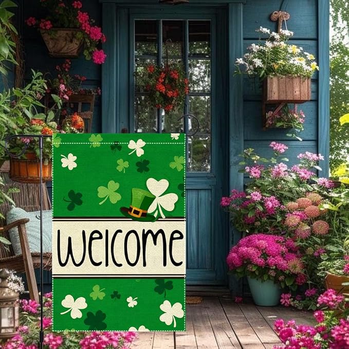 St Patrick's Day Garden Flag 12x18 Inch Double Sided Burlap Welcome Shamrock Leprechaun Hat Green Clover Pattern Outdoor Yard Decor