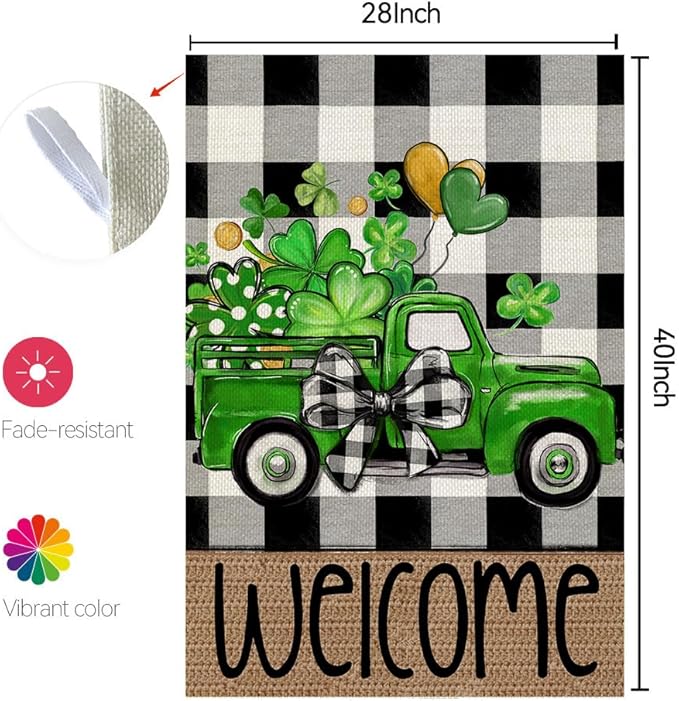 CROWNED BEAUTY St Patricks Day House Flag 28x40 Inch Double Sided Large Burlap Holiday Clovers Truck Flag for Outside Yard Welcome CF1325-40