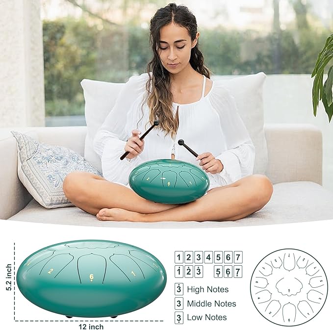 D Major Steel Tongue Drum Handpan, 12 Inch 13 Note Rain Drum for Outside Garden, Meditation Rain Chime, Musical Percussion Instrument for Adult Gift with Bag, Music Book, Drum Mallets (Lake Blue)