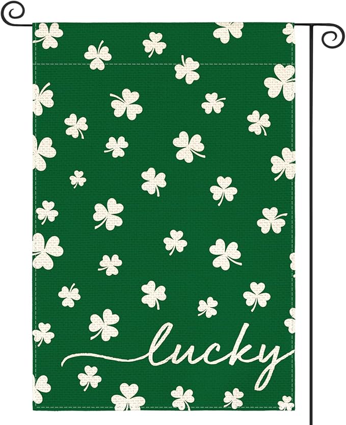 AVOIN colorlife St Patricks Day Lucky Garden Flag 12x18 Inch Double Sided Outside, Floral Small Burlap Shamrocks Clovers Yard Outdoor Decoration