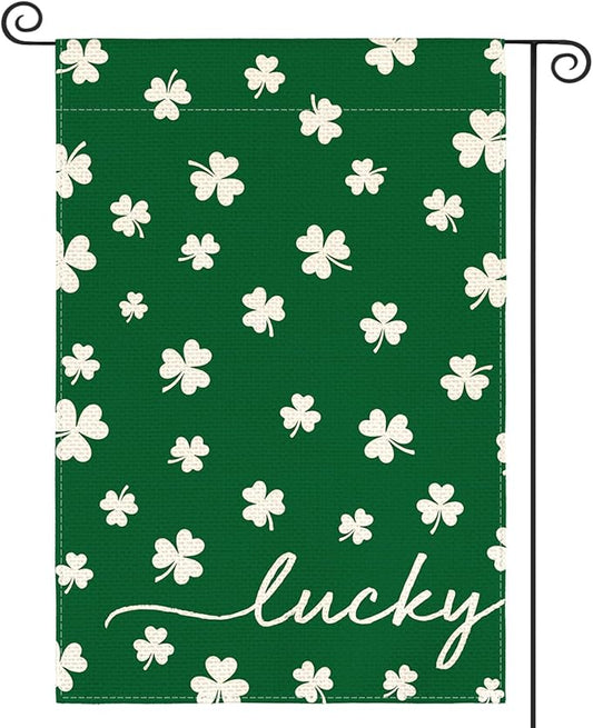 AVOIN colorlife St Patricks Day Lucky Garden Flag 12x18 Inch Double Sided Outside, Floral Small Burlap Shamrocks Clovers Yard Outdoor Decoration
