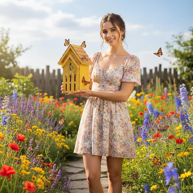 Shingle Roof Butterfly House for Outdoor, Insect House, Vintage Style Cedar Wood Bee House for Garden Outside, Open Door for Easy Cleaning Conservation.Shelter Hotel with Hooks for Hanging (Yellow)