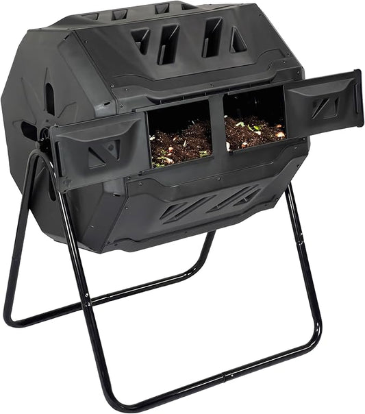 Simply Bio 43-Gallon Outdoor Compost Tumbler Bin – BPA-Free Rotating Compost Bin for Garden, Kitchen and Yard Waste, Outdoor Compost Bin Tumbler, Dual Chamber, Black, Weather-Resistant