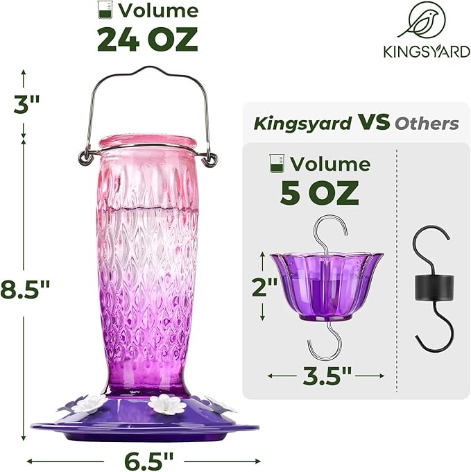 Kingsyard Hummingbird Feeders for Outdoors Hanging, 24 Ounce, Glass Hummingbird Feeder with Ant Moat & 6 Bee Guard Feeding Ports, Leak-Proof, Pink & Purple