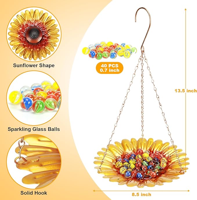 Bee Watering Station,Bee Cups for Garden with Vivid Sun-Flower Design,Multifunctional Hanging Bee Feeder with 40 Glass Beads,Butterfly Feeder,Bird Bath for Garden Yard Decor