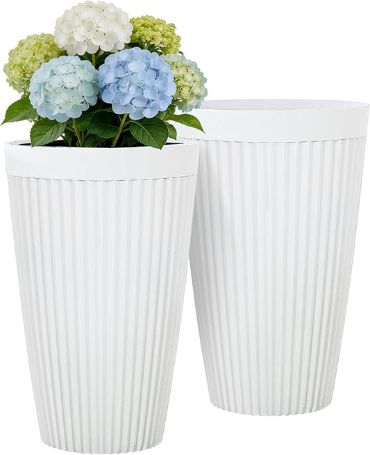 20" Tall Planters Set of 2, High-Density Resin Fluted Outdoor Pots for Plants, Versatile Indoor/Outdoor Flower Pots w/Drainage Holes for Patio, Garden, Porch & Living Room Decor, Ideal Gift