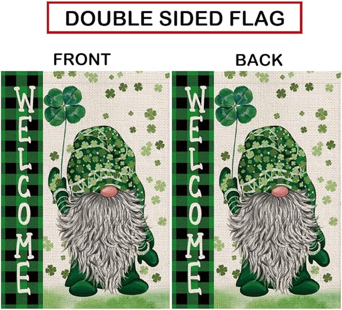St Patricks Day Garden Flag Green Gnome Shamrocks Vertical Double Sided Burlap Flag Welcome St.Patrick's Day Holiday Yard Outdoor Decor 12.5 x 18 Inch