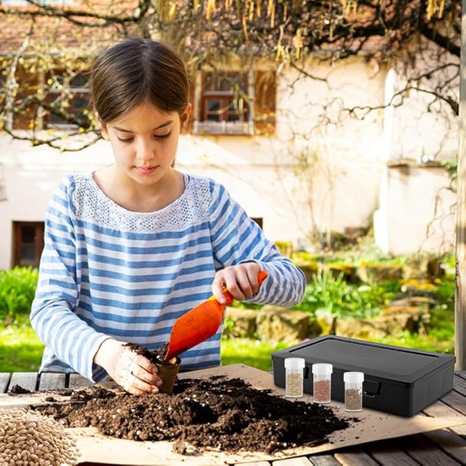 Seed Storage Box with 60 Bottles and Label Stickers, Opaque Light Proof Seed Organizer, Garden Pip Saver kit Seed Container Storage for Flower Plants Vegetable Seed Saving