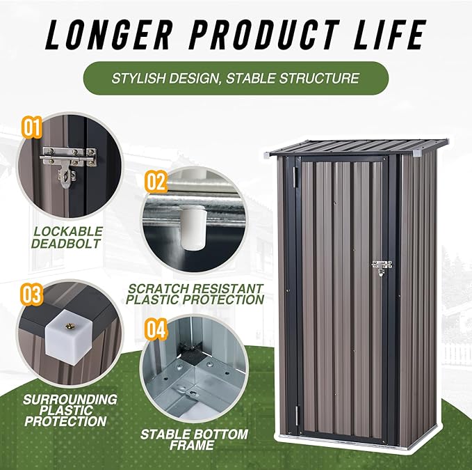 Aoxun 30"x21" Outdoor Metal Storage Shed, Vertical Cabinet with Lockable Door & Sloping Roof, Outdoor Storage Cabinet for Garden, Patio and Lawn(Brown)