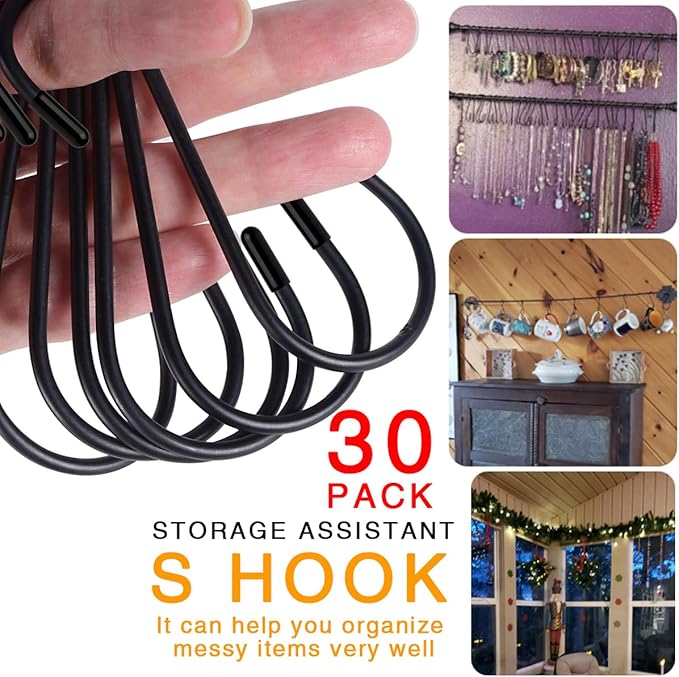 30 Pack S Hooks, 3.54 In Matte Black Heavy Duty Metal S Hooks Can with Stand, Up to 33 lbs, For Kitchen, Office, Garden or Outdoor, Hanging Plants, Clothes, Pots, Pans, Cups, Bags, Jewelry, Towels