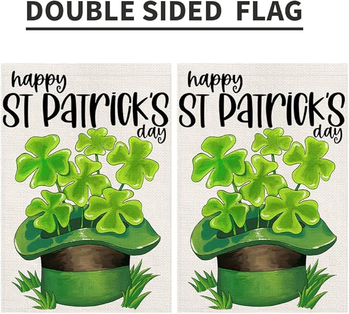 Happy St Patricks Day Burlap Garden Flags 12x18 Inch Double Sided, Green Lucky Shamrock Sign Small Farmhouse Yard Outdoor Decor DF192