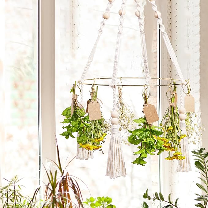 Herb Drying Rack with Decorative Tassels, 2-Pack Includes 20 Golden Hooks, 25 Gift Tags & 32ft Jute Twine - Hanging Herb Dryer for Kitchen, Garden, Home Decor