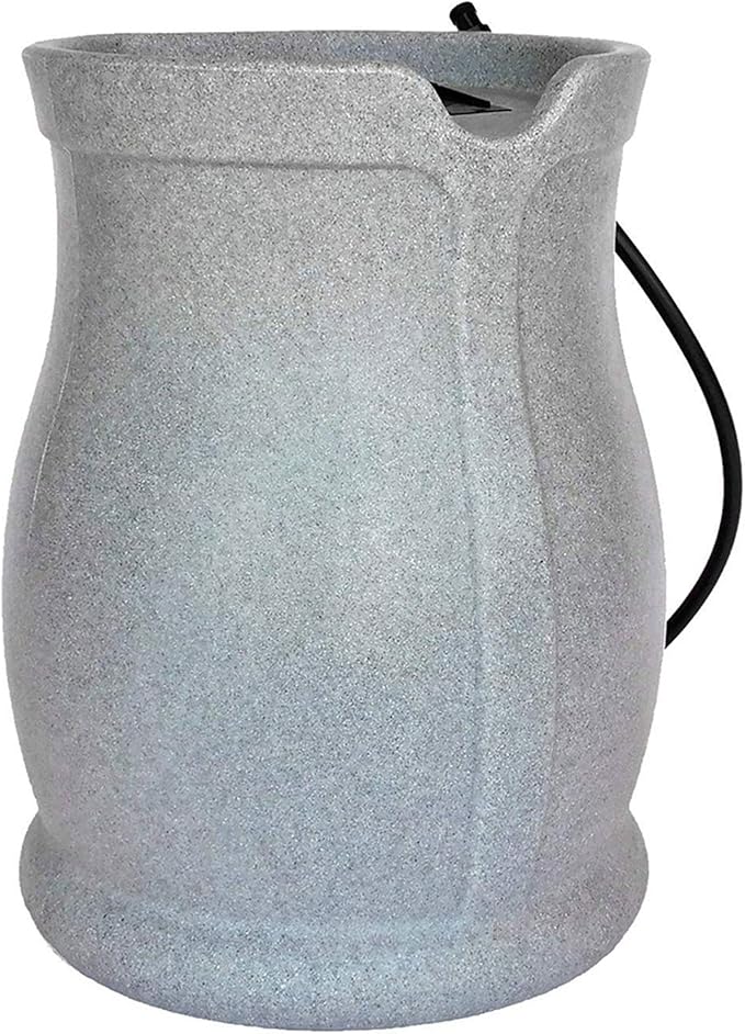 FCMP Outdoor Catalina 45-Gallon Rain Barrel – BPA-Free Flat-Back Design with 3.5 Foot Garden Hose, Shut-Off Thumb Valve, and Fixed Lid (RB-CAT-LTGRNT) Light Granite