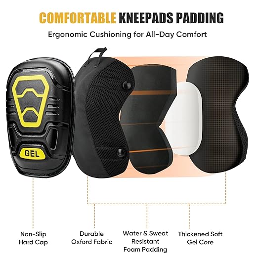 TICONN Gel Knee Pads for Work, Professional Heavy Duty Work Knee Pads for Men with Soft Foam and Gel Cushion for Men Construction, Garden, Flooring (Black/Yellow) (Pack of 2)