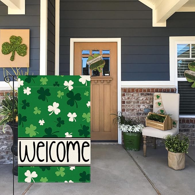 AVOIN colorlife St Patricks Day Garden Flag 12x18 Inch Double Sided Outside, Shamrocks Clovers Welcome Yard Outdoor Flag