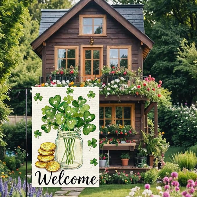 St Patrick's Day Garden Flag 12x18 Inch Double Sided Burlap Flag Welcome Shamrock Mason Jar Gold Coins Outdoor Decor for Yard Patio Irish Festival Decorations