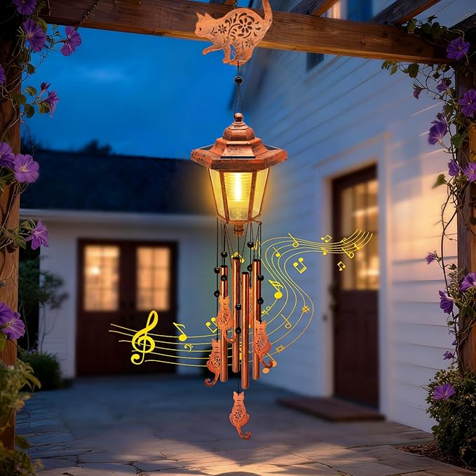 Large Solar Cat Wind Chimes with Wind Catcher/Solar Decor Light to Create a Zen Atmosphere Suitable for Outdoor, Garden, Patio Decor Classic Bronze Wind Chimes as A Sympathy/Memorial Gift for Unisex