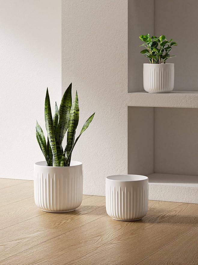 LE TAUCI Fluted Ceramic Planters, 8.3/7/6 Inch Indoor Pots for Plants with Drainage Holes & Mesh, Modern Matte Glaze Cylinder Plant Pot for Snake Plant, Set of 3, White