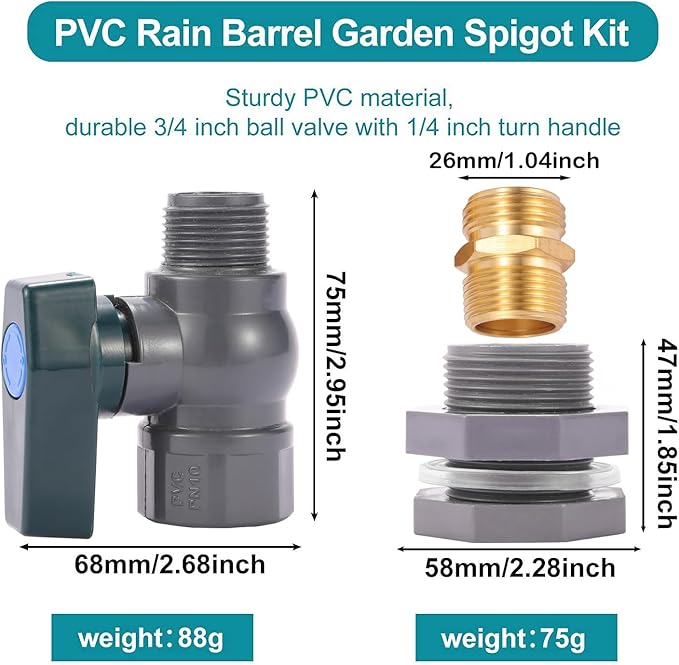 3/4 Inch Rain Barrel Spigot Kit - BILAL Water Barrel PVC Garden Diverter Kit with Bulkhead Fitting Hose Faucet Adapter and Thread Seal Tape for Water Tanks, Aquariums, Tubs, Pool, Garden Barrel
