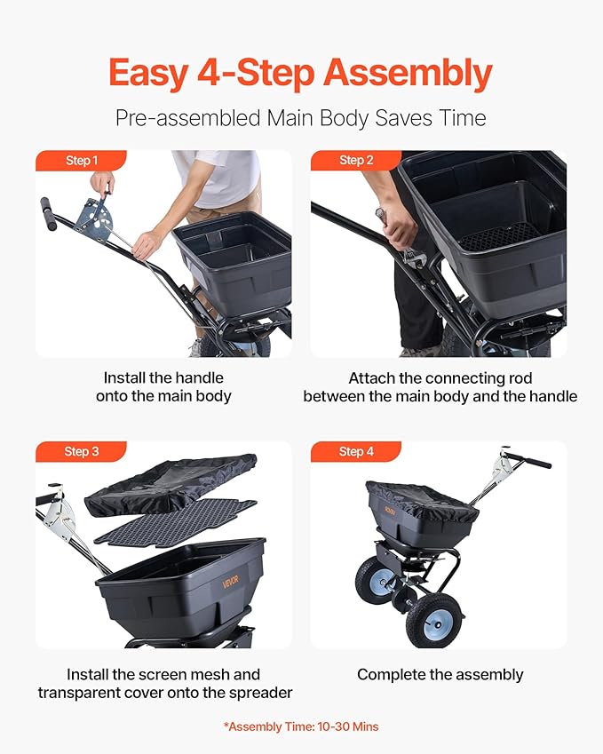 VEVOR Broadcast Spreader, 100LBS Capacity, Walk-Behind Push Spreader, 0-9.8ft Spreading Width, 13 in All Terrain Pneumatic Tires, Fertilizer Spreaders with Hopper Grate, for Seed Salt Ice Melt