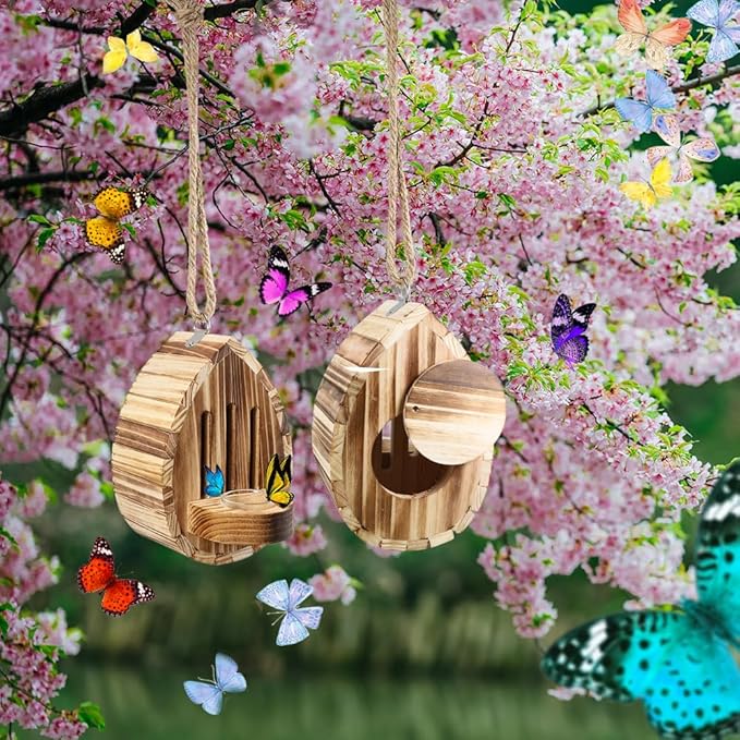 Picowe Butterfly House Wooden Habitat Natural Nesting Box Garden House with Feeder Hanging for Bee Butterfly Ladybirds for Garden Outside, Open Door