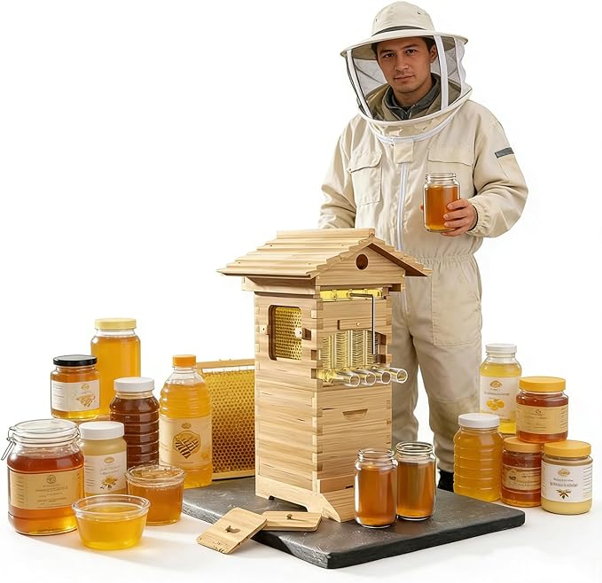 Self-Flowing Beehive Starter Kit Complete: Wooden Bee Box with Observation Window, Honey Spout, 4 Frames, 6 Honeycomb Trays, and Carpenter Bee House for Garden Pollinators, Easy Assembly