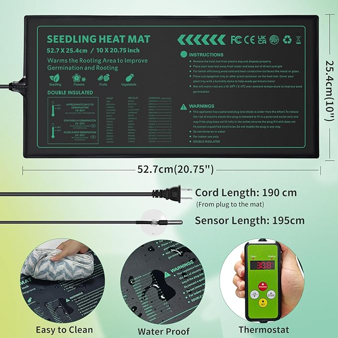 Seedling Heat Mat with Temperature Control 2 Pack Durable Waterproof Plant Heating Pad 10"x 20.75" for Germination, Indoor Gardening, Greenhouse