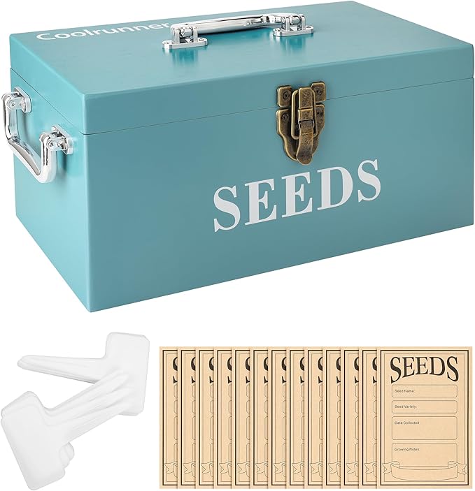 Coolrunner Wood Seed Saving Box, Seed Storage Organizer Case, Seed Packet Storage Organizer with Lock and 3 Handles, 30P Plant Labels, 30P Seeding Envelopes Bag (Blue)