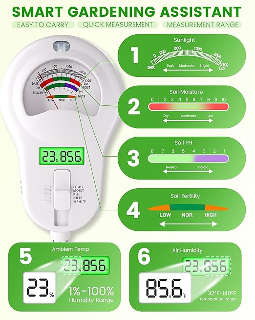 6-in-1 Soil Moisture Meter with 3 Probes, PH/Sunlight/Soil Moisture/Fertility with 3 Removable Probe, Digital Air Temp/Humidity, Soil Tester for Garden, Lawn, Indoor and Outdoor Plants