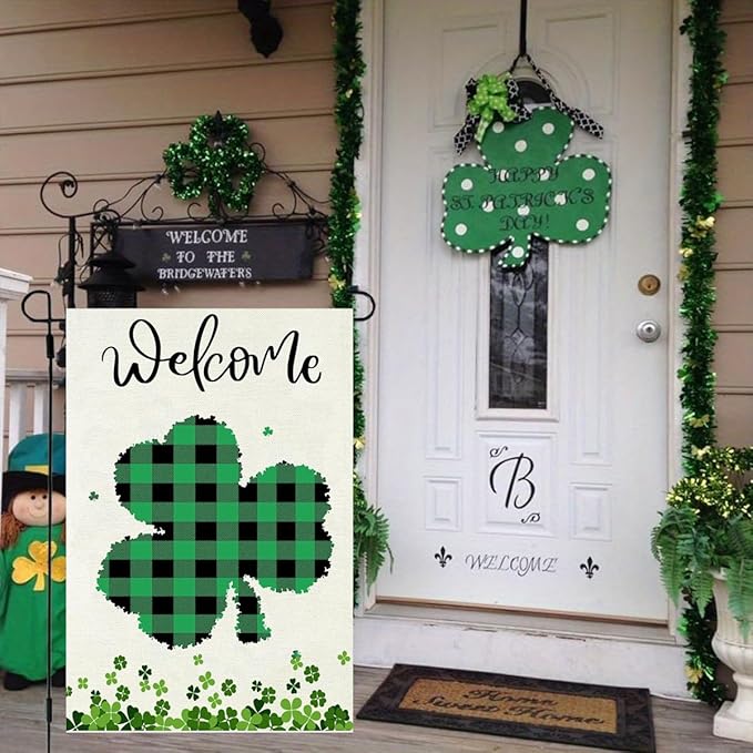 Welcome St Patricks Day Shamrock Garden Flag 12 x 18 inch Double Sided Outside decorations,Spring Small Garden Flags For Outdoor Yard Lawn