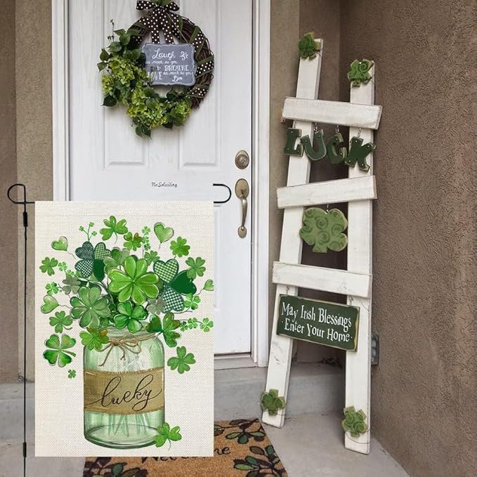 CROWNED BEAUTY St Patricks Day Shamrocks Mason Jar Garden Flag 12x18 Inch Double Sided for Outside Small Green Clovers Lucky Holiday Burlap Yard Decoration