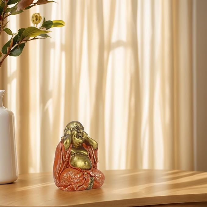 Laughing Buddha Statue - Gold Small Buddha Statues with Three Color Clothes for Home Decor (No See, No Speak, No Hear) - House Decor, Meditation & Feng Shui Gift (5.5 * 4.7 * 6.7") (Orange)