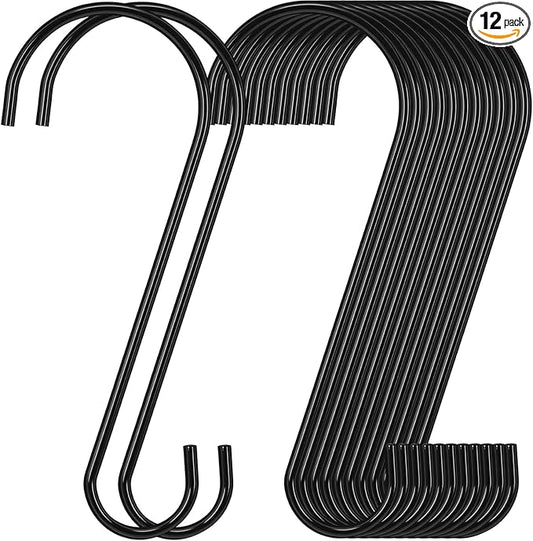 12 Pack 10 Inch Medium S Hooks for Hanging Plants & Closet Organization, Black Vinyl Coated Metal Hangers for Jeans Purses Towels Bird Feeders Heavy Duty Utility Metal Hooks