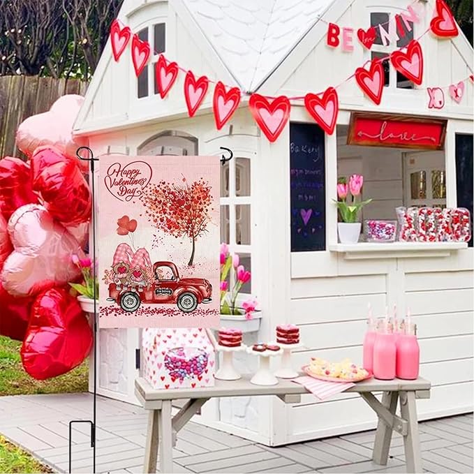 Valentine's Day Garden Flag 12x18 Inch - Cute Gnome Couple with Red Truck & Heart Tree, Double-Sided Outdoor Yard Flag Decor for Patio Yard Valentine Decorations