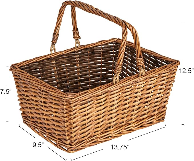 Household Essentials Woven Market Basket, Handwoven Willow Weave, Stylish Handles with Durable Metal Anchors, Classic and Versatile, Attractive, Spacious, Lightweight, Brown Stain