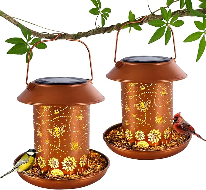 2 Pack Solar Bird Feeders for Outdoors Bee Solar Lanterns for Women Men Hanging Outdoor Lights Waterproof Metal Decoration for Patio, Yard, Lawn, Pathway, Garden Decor