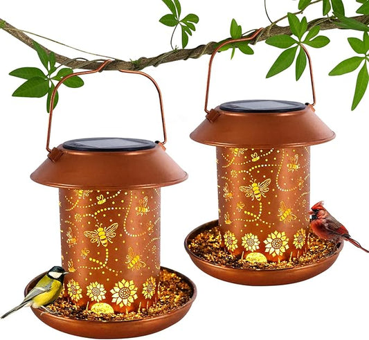 2 Pack Solar Bird Feeders for Outdoors Bee Solar Lanterns for Women Men Hanging Outdoor Lights Waterproof Metal Decoration for Patio, Yard, Lawn, Pathway, Garden Decor