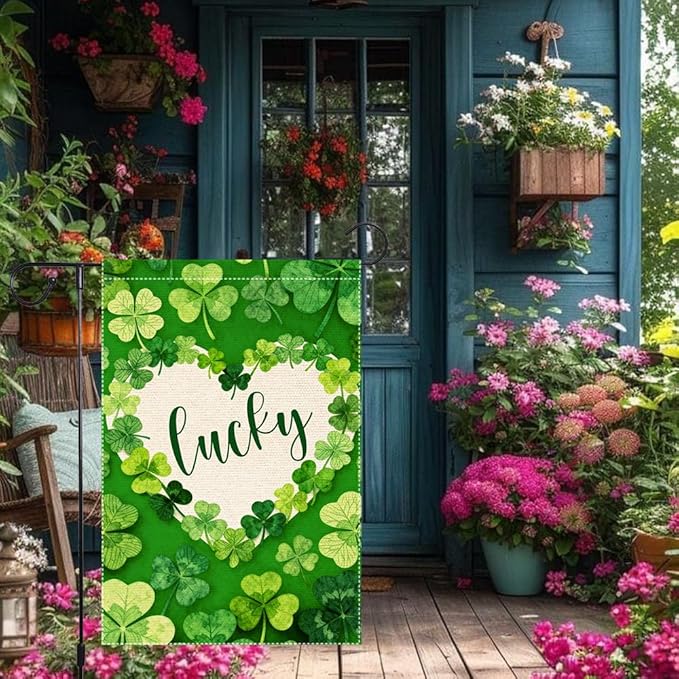 St Patrick's Day Garden Flag 12x18 Inch Double Sided Burlap Lucky Shamrock Heart Green Clover Pattern Holiday Yard Patio Irish Festival Outside Decorations