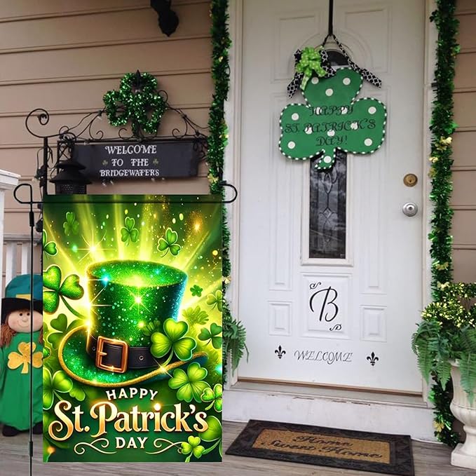 Happy St Patricks Day Garden Flag 12 x 18 inch Double Sided Outside Decorations,Spring Shamrock Green Hat Small Garden Flags For Outdoor Yard Lawn
