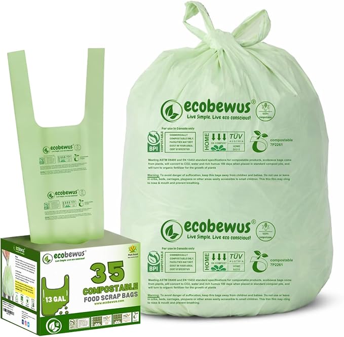 100% Compostable 13 Gallon Bags (35 Bags) Tall Kitchen Food Scrap Disposable Compost Trash Bgas Certified Composte Bags US BPI & OK Compost Home Certified by Meeting ASTM D6400 (35 ct.)