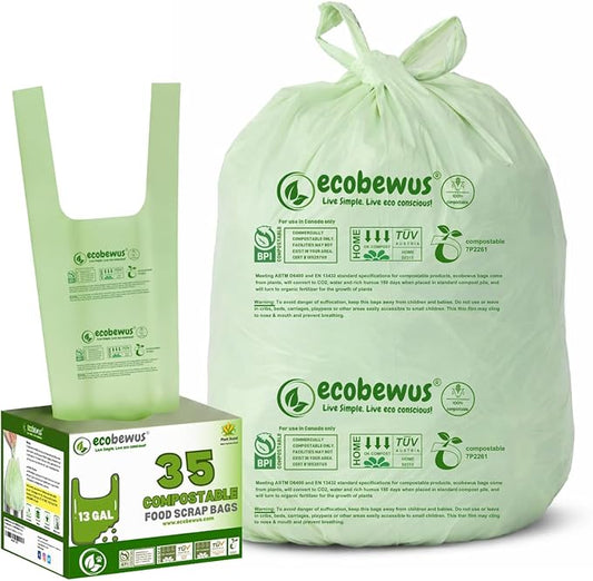 100% Compostable 13 Gallon Bags (35 Bags) Tall Kitchen Food Scrap Disposable Compost Trash Bgas Certified Composte Bags US BPI & OK Compost Home Certified by Meeting ASTM D6400 (35 ct.)