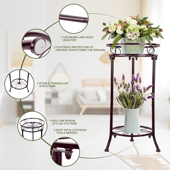 2 Tiers Plant Stand Indoor Outdoor, 20.3'' Metal Tall Potted Plant Flower Stands,Heavy Duty Rustproof Corner Display Rack, Flower Pot Shelf Planter Holder Decor for Home Garden Office-Bronze