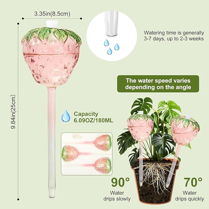 Strawberry Plant Watering Globes Set of 2, Large Water Bulbs for Indoor Plants, Glass Self Watering Planter Insert, Top-Fill Watering Globes for Indoor Outdoor Plants