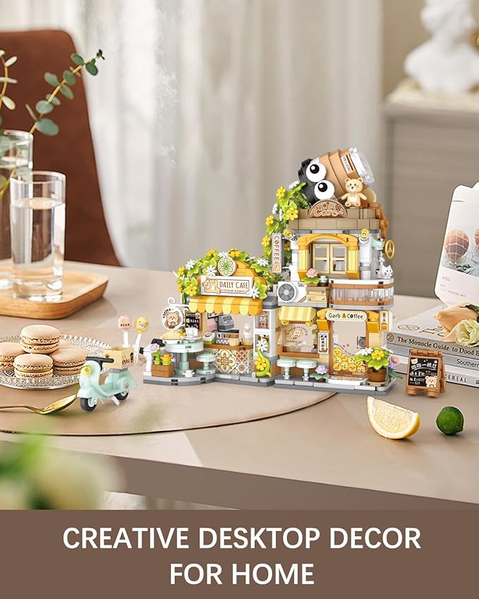City Street View Bear Coffee Shop Mini Building Blocks Set 1077 pcs, MOC Creative Bear Animal Theme House, Simulation Architecture Toy, Gifts Idea for Kids Adults (1382)