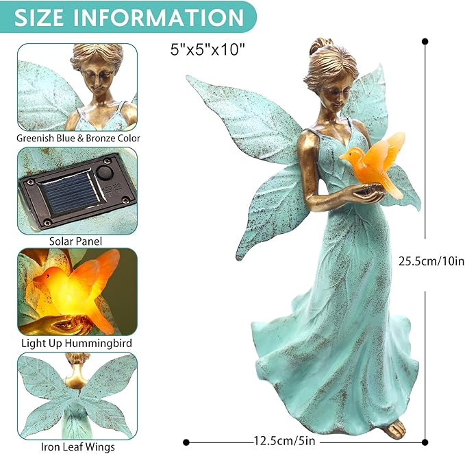 Solar Fairy Garden Statue Decor - 10 Inch Angel Statue Girls Resin Waterproof Home Decoration with Hummingbird LED Lights for Bedroom Balcony Table Yard Patio, Gifts for Women Mom Grandma Birthday